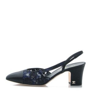 CHANEL Cap toe Lace Sling Backs